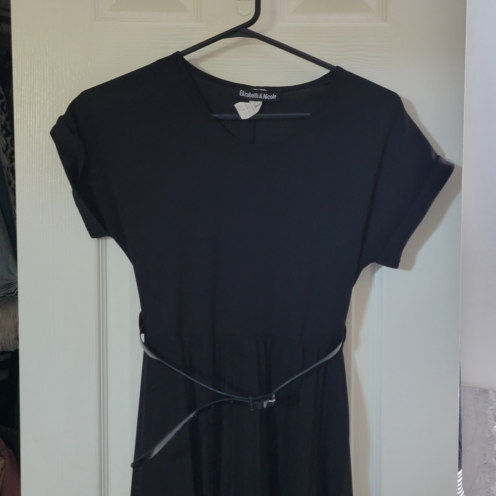 Chic Black Midi Dress With Belt Small LBD Classic Versatile Business Casual